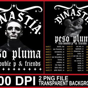 Könnte beinhalten: Schwarz-weiß Konzertplakat für Peso Pluma und Tito Double P & Friends, mit einem Porträt und einer klassischen Skulptur. Das Plakat enthält einen Tourplan mit Daten und Orten.