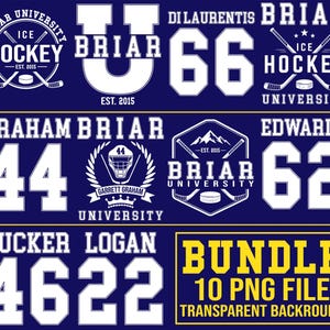 May include: A navy blue graphic design featuring white text and elements related to ice hockey. The design includes the words "Briar University Ice Hockey" and various numbers and names, along with a bundle offer.