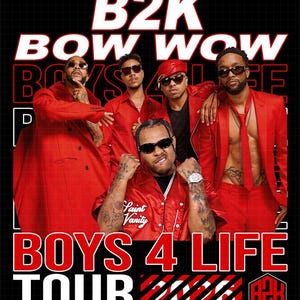 Może przedstawiać: Plakat promocyjny trasy Boys 4 Life Tour 2026 z grupą muzyczną B2K i Bow Wow. Obraz ma czerwoną i czarną kolorystykę, z tekstem w kolorze białym i czerwonym. Członkowie grupy noszą czerwone stroje.
