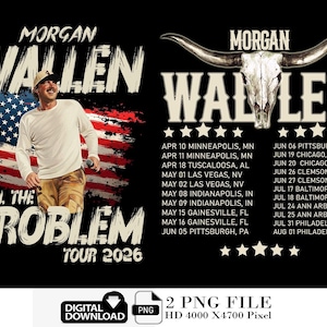 以下が含まれることがあります： 「MORGAN WALLEN」の文字と、マイクを持った男性の写真、そして様式化されたアメリカ国旗が描かれた黒いグラフィックデザイン。「STILL THE PROBLEM TOUR 2026」の文字とツアー日程も表示されています。