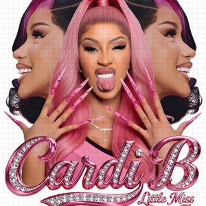 May include: A graphic featuring Cardi B with pink hair and long pink nails. The image includes the text "Cardi B" in a jeweled font and "Little Miss Drama Tour". Two side profile images of Cardi B are also present.