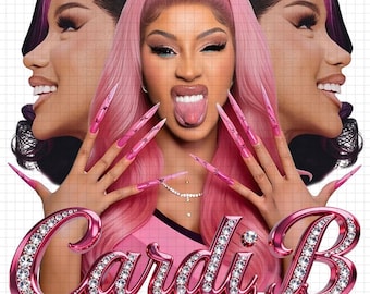 May include: A graphic featuring Cardi B with pink hair and long pink nails. The image includes the text "Cardi B" in a jeweled font and "Little Miss Drama Tour". Two side profile images of Cardi B are also present.