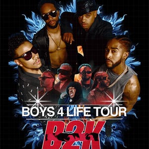 Pode incluir: Um cartaz promocional para a "Boys 4 Life Tour" com um grupo de artistas masculinos. O cartaz tem um fundo preto com elementos decorativos azuis. O texto "BOYS 4 LIFE TOUR" e "B2K" são exibidos em branco e vermelho.