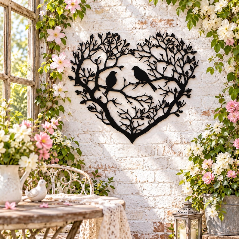 Two Branch Tree Design Heart Shaped Tree With Two Birds Metal Wall Art, Love Tree Silhouette ...
