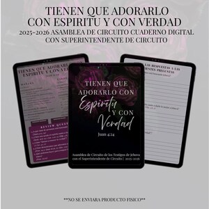 May include: Three digital tablets displaying text in Spanish. The central tablet features the phrase "TIENEN QUE ADORARLO CON ESPIRITU Y CON VERDAD" with floral accents. The other tablets show meeting notes and questions.
