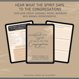 Może przedstawiać: Cyfrowy notatnik na Zjazd Obwodowy 2025-2026 Świadków Jehowy. Obraz przedstawia trzy tablety z tekstem "Słuchajcie, co duch mówi do zborów" oraz szczegółami zgromadzenia. Tło jest w kolorze jasnobrązowym.
