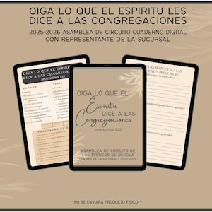 Puede incluir: Tres tabletas digitales con texto en español. La tableta central muestra la frase "Oiga lo que el Espíritu dice a las Congregaciones". Las tabletas están dispuestas sobre un fondo neutro, con texto que indica una asamblea de circuito digital.