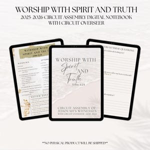 以下が含まれることがあります： 「Worship with Spirit and Truth」と「2025-2026 Circuit Assembly Digital Notebook」のテキストが表示された3つのデジタルノート。ノートは黒い縁取りがあり、「Circuit Assembly of Jehovah's Witnesses」のテキストが表示されています。