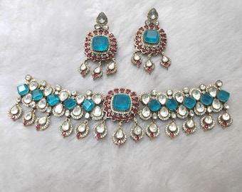 Conjunto de gargantilla Kundan: joyería nupcial con piedras rosas y verdes