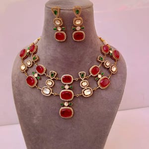 Red Gemstone Jewelry Set, Kundan Necklace Set, Indian Ethnic Wear, Gold Plated Bridal Choker, Festive Wear Jewelry, Ruby Stone Statement Set