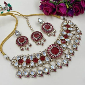 Bridal Kundan Choker Necklace Set with Tikka | Red  White Indian Wedding Jewelry | Traditional Polki Choker, Earrings & Maang Tikka Set