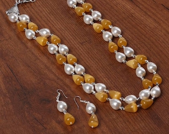 Yellow Agate and Pearl Necklace & Earrings Set - Handmade Statement Jewelry