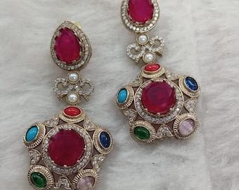 Red Stone Kundan Style Dangle Earrings | Indian Bridal Jewelry
