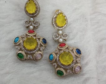 Yellow Kundan Earrings | Multicolor Gemstone Indian Bridal Jewelry