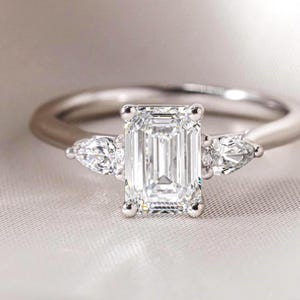 1.20 CT Emerald Cut Lab Grown Diamond Three Stone Engagement Ring, Side Pear Lab Diamonds, 14k Solid White Gold Ring, Trilogy Ring for her