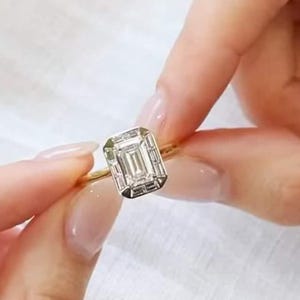 Vintage 1.50 CT Emerald Cut Lab Grown Diamond Halo Engagement Ring, Baguette Cut Halo, Art Deco Wedding Ring, 14k Yellow Gold Ring for her