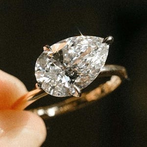 Pear Cut Lab Grown Diamond Engagement Ring, East to West Set Diamond Hidden Halo Wedding Ring 3.0 CT Solitaire Diamond Ring Anniversary Gift
