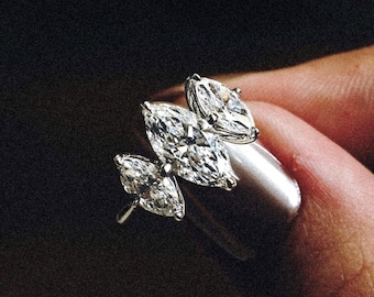 Marquise Cut Lab Grown Diamond Trilogy Ring, 14K Gold Three Stone Engagement Ring, Marquise Cut Bridal Ring, Anniversary Gift, Unique Ring.