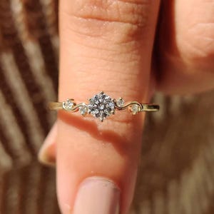 14K Gold Round Brilliant Cut Moissanite Engagement Ring, Wave Stacking Ring, Side Round Diamond Accent, Dainty Ring,Minimalist Ring For Gift