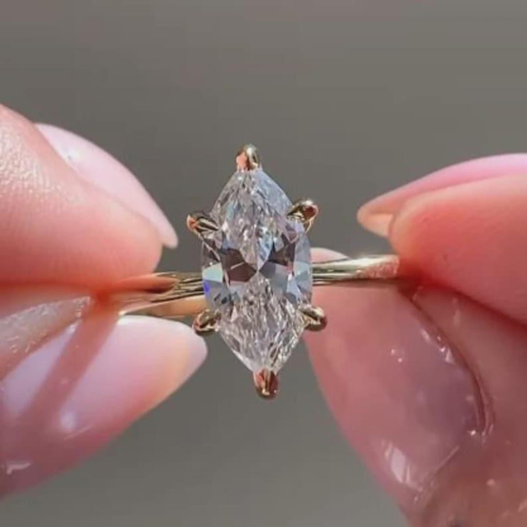 Marquise Cut Lab Grown Diamond Engagement Ring, 14K Gold Solitaire Ring ...