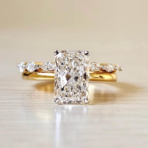 Anel de noivado solitário com halo oculto e diamante cultivado em laboratório com corte radiante de 3 quilates, anel de aniversário com diamante radiante certificado pela IGI em ouro maciço 14K