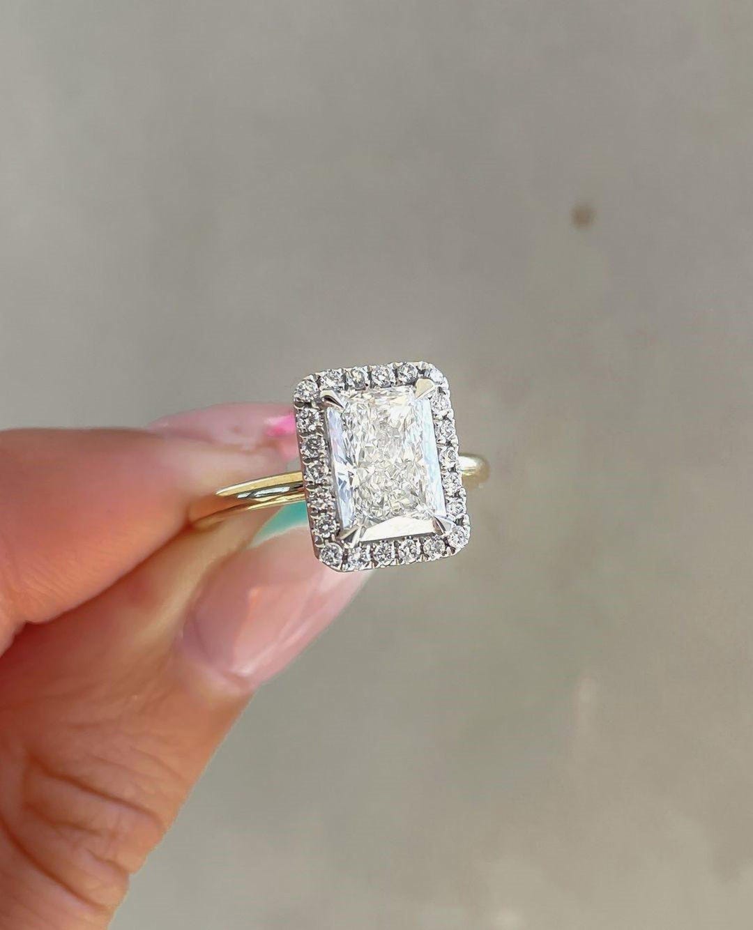 3CT Radiant Cut Lab Diamond Halo Ring, 14K Yellow Gold Engagement Ring ...