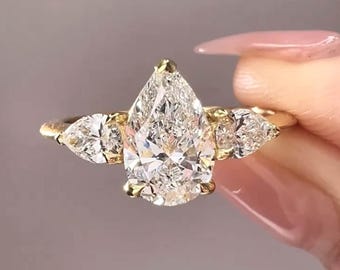 Pear Cut Lab Grown Diamond Three Stone Engagement Ring, 14K Gold Trilogy Wedding Ring, Side Pear Stones, Anniversary Ring, Bridal Ring.