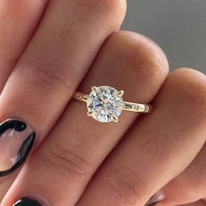 Round Cut Lab Grown Diamond Engagement Ring, 2.0 CT Round Cut Diamond Wedding Ring, Side Accent Solitaire Ring, Yellow/Rose/White Gold Ring