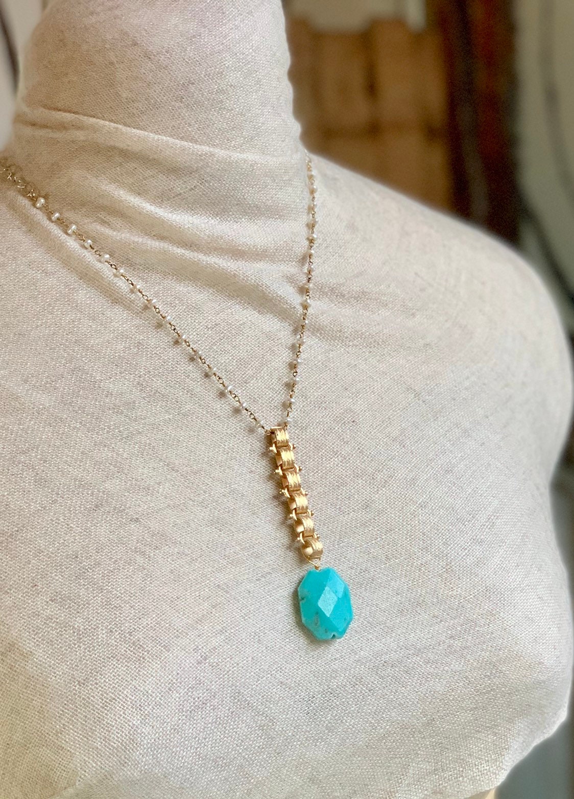 Brazillian Amazonite pendant with freshwater pearl chain