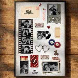 May include: A framed collage of romantic memorabilia. It features black and white photographs, a postcard with handwritten text, a film strip, a lighter with text, a vintage camera, a vinyl record, a deck of cards, and other decorative items. The theme is love and memories.