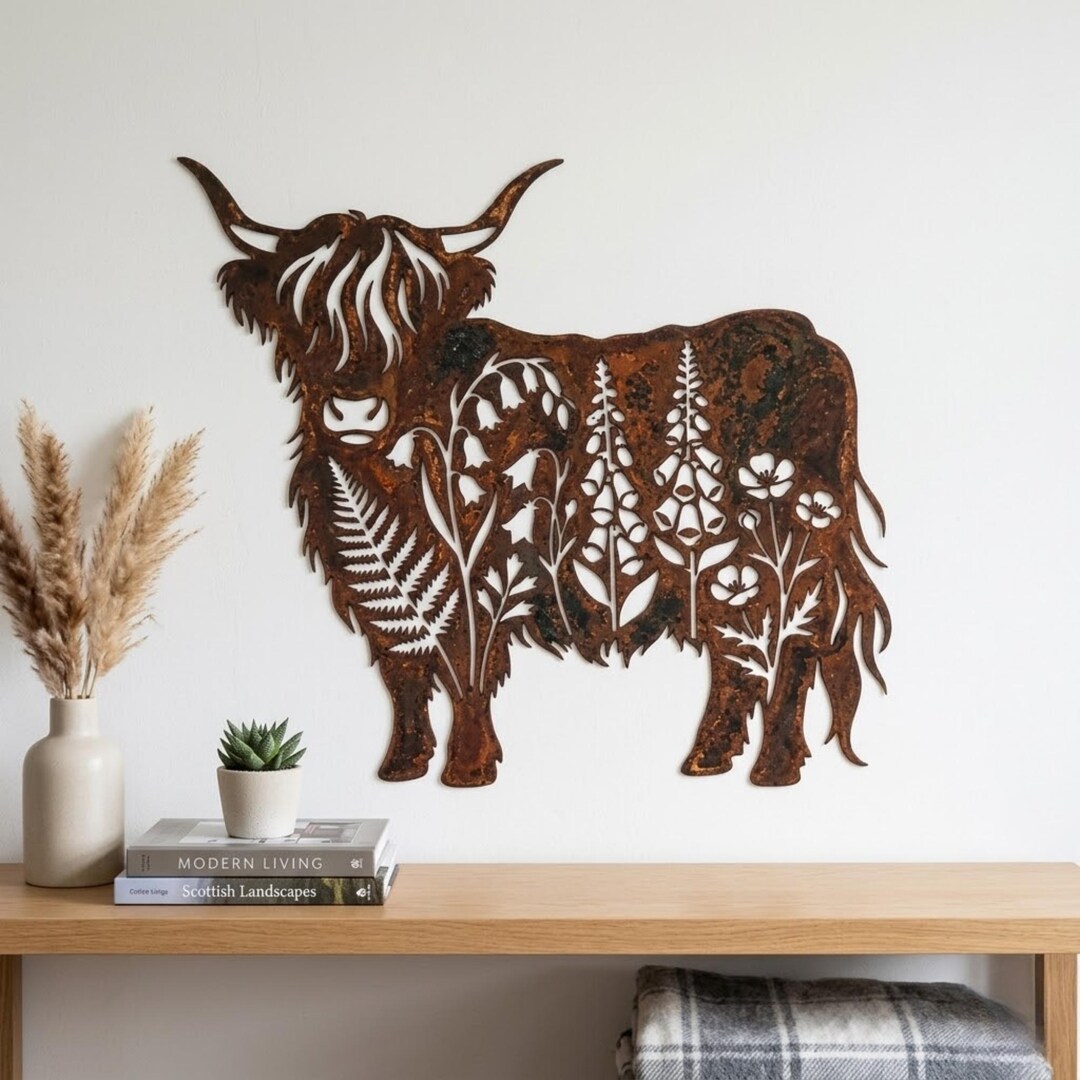 Rusty Highland Cow Metal Art, Botanical Cow Decor, Farmhouse Wall ...