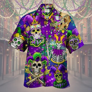 Chemise à motif crâne de Mardi Gras, chemise boutonnée squelette de bouffon, vêtements de carnaval, haut de bal masqué de la Nouvelle-Orléans, vêtements pour hommes pour le Mardi Gras