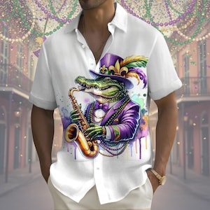 Funny Alligator Shirt, Mardi Gras Jazz Saxophone Top, New Orleans Gator Button Down, Fat Tuesday White Apparel, Carnival Party Men Outfit