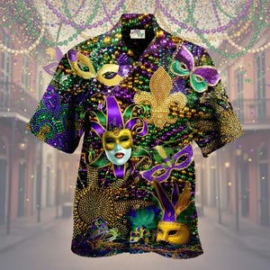 Mardi Gras Shirt, New Orleans Carnival Button Down, Masquerade Party Outfit, Purple Green Gold Beads Apparel, Fat Tuesday Men Aloha Shirt