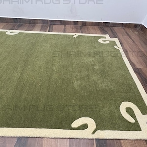 Olive Green Rug with Cream Border | Minimal Modern Carpet for Living Room Bedroom | Contemporary Area Rug for Home Décor Area Rug