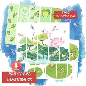 Könnte beinhalten: Eine Sammlung von druckbaren Lesezeichen mit Frosch-Illustrationen und Seerosenteich-Szenen. Die Lesezeichen haben verschiedene Designs, darunter Frösche mit Herzen und Bubble Tea. Der Text "FROG BOOKMARKS" und "PRINTABLE BOOKMARK" ist zu sehen.