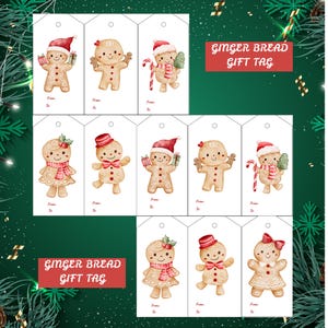 Pode incluir: Etiquetas de presente de pão de gengibre com ilustrações em aquarela de bonecos de gengibre usando chapéus e cachecóis festivos, e segurando presentes. As etiquetas têm um fundo branco com o texto "From" e "To". O texto "GINGER BREAD GIFT TAG" está em um retângulo vermelho.