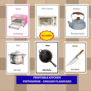 May include: A set of printable kitchen flashcards in a watercolor style. The cards feature illustrations of kitchen appliances and tools, including an oven, microwave, kettle, pot, pan, and knife. The text "20 CARDS" is in a yellow burst. The text "PRINTABLE KITCHEN VIETNAMESE - ENGLISH FLASHCARD" is at the bottom.