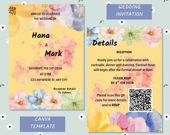 Whimsical Watercolor Flower Wedding Invitation Bundle Canva Template | Colorful Floral DIY Stationery Suite