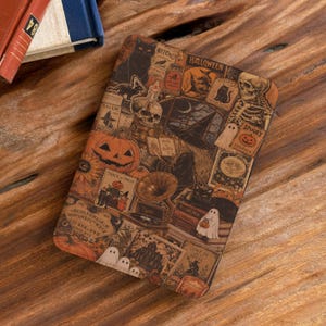 ヴィンテージ ハロウィン Kindle Kobo ケース マグネット式取り外し可能 クリア バックストラップ ゴシック 魔女 黒猫 コラージュ カバー Paperwhite ブックラバーへのギフト