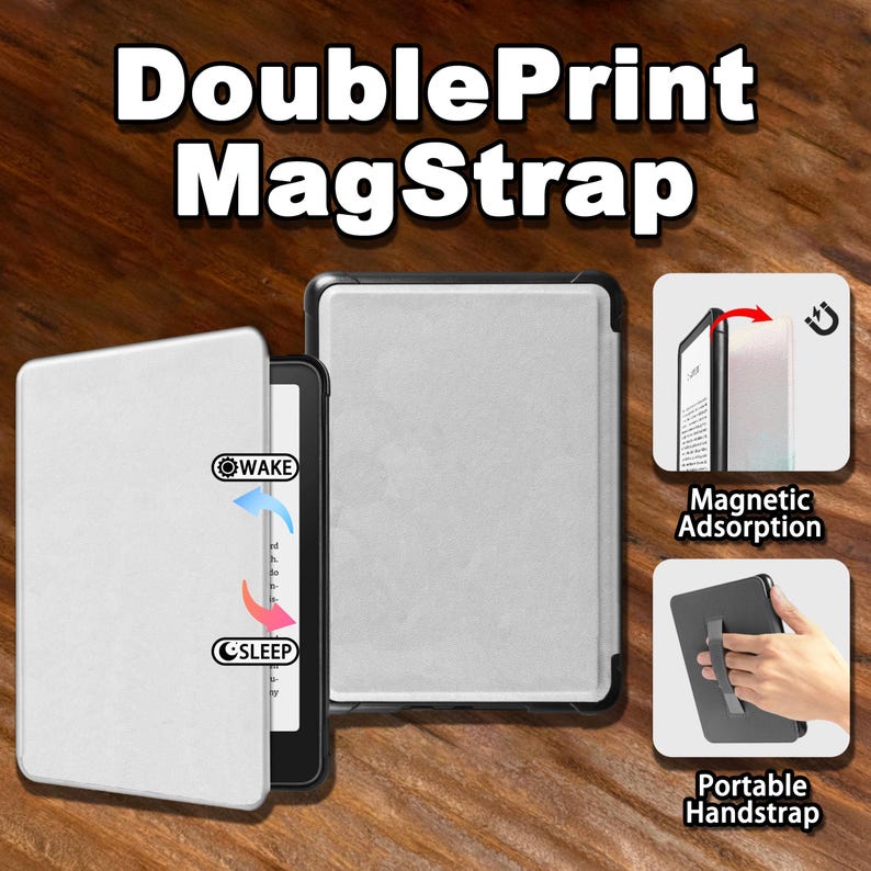 以下が含まれることがあります： DoublePrint MagStrap電子書籍リーダーケース。ライトグレーのカバー、磁気吸着機能、ポータブルハンドストラップ付き。自動ウェイク・スリープ機能があり、黒い電子書籍リーダー本体と操作説明図が示されています。