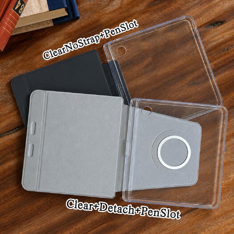 May include: A collection of tablet cases including a clear case labelled ClearNoStrap+PenSlot, a black case, and a clear case with a grey detachable magnetic back labelled Clear+Detach+PenSlot, featuring circular cutouts and pen slots.