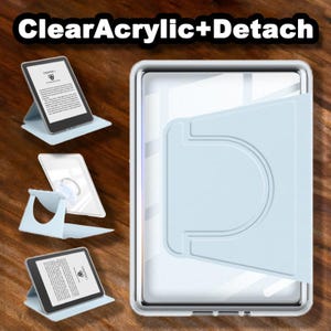May include: A light blue tablet case with a clear acrylic back and a detachable folding stand. The case is shown in multiple configurations, including upright and angled positions, with the text ClearAcrylic+Detach at the top.