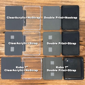 May include: A collection of rectangular e-reader cases featuring clear acrylic or black double-print textured shells. Some models include a grey hand strap. Labels include ClearAcrylic+NoStrap, Double Print+Nostrap, ClearAcrylic+Strap, Double Print+Strap, and Kobo 7" variants.