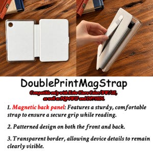 May include: A white protective case for a Kobo Clara e-reader, featuring a transparent border, a magnetic back panel with an integrated strap for grip, and a foldable cover design. The product is labelled DoublePrintMagStrap.