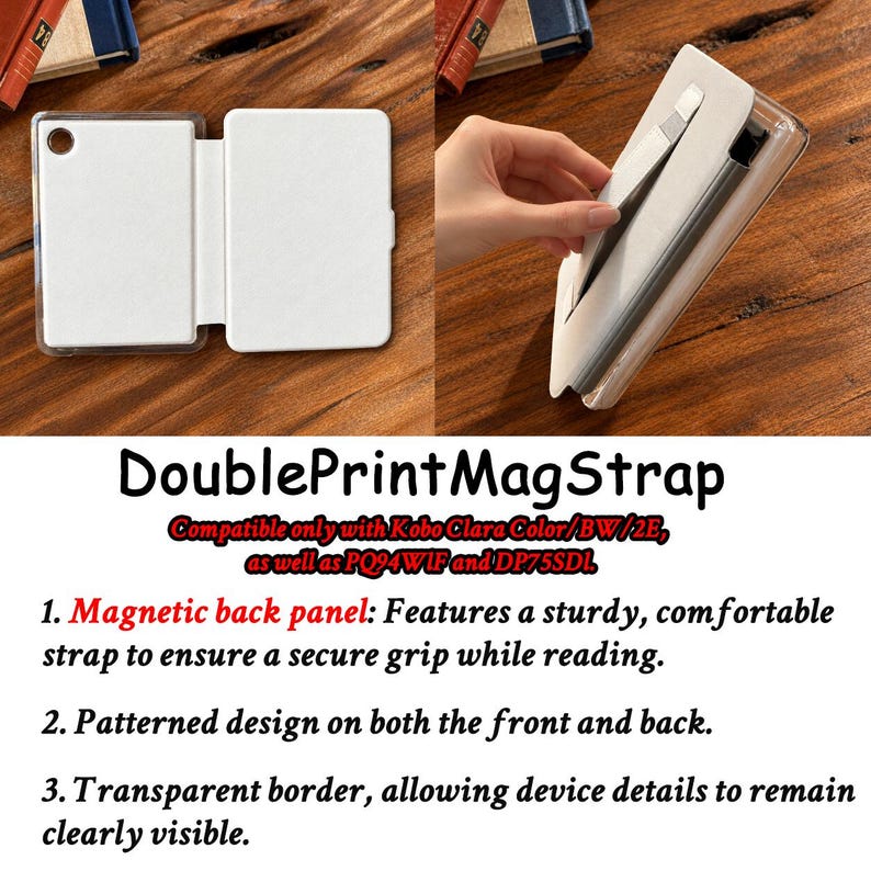 May include: A white protective case for a Kobo Clara e-reader, featuring a transparent border, a magnetic back panel with an integrated strap for grip, and a foldable cover design. The product is labelled DoublePrintMagStrap.