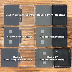 以下が含まれることがあります： 様々な構成の長方形の電子書籍リーダー用ケースのコレクション。透明なアクリル製または黒のダブルプリント仕上げがあり、ハンドストラップの有無を選択可能。特定のモデルにはKobo 7インチデバイス用と記載されている。