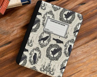 Detachable Kindle Paperwhite Case Gothic Raven Pattern Clear Back Cover, Vintage Dark Academia Kindle & Kobo Clara Libra Case with Strap