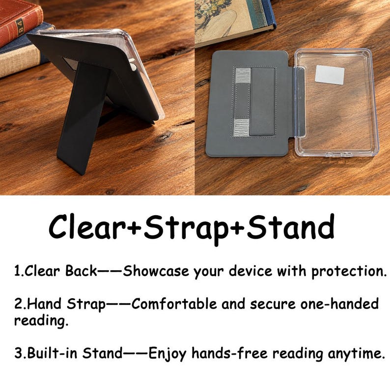 May include: A protective case for an e-reader featuring a clear back, a grey interior with an integrated hand strap, and a built-in black kickstand. The text Clear+Strap+Stand is displayed along with three numbered points describing the features.