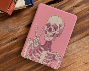 Etui na Kindle Paperwhite w kolorze różowym z motywem szkieletu 2024, etui na Kindle Kobo, etui na Kobo Libra w kolorze różowym z czaszką, etui na Kindle Colorsoft, minimalistyczne etui Kobo Clara